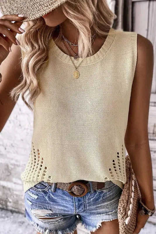 Beige pointelle detail solid color knit sweater vest - l / 55% acrylic + 45% cotton - tank tops