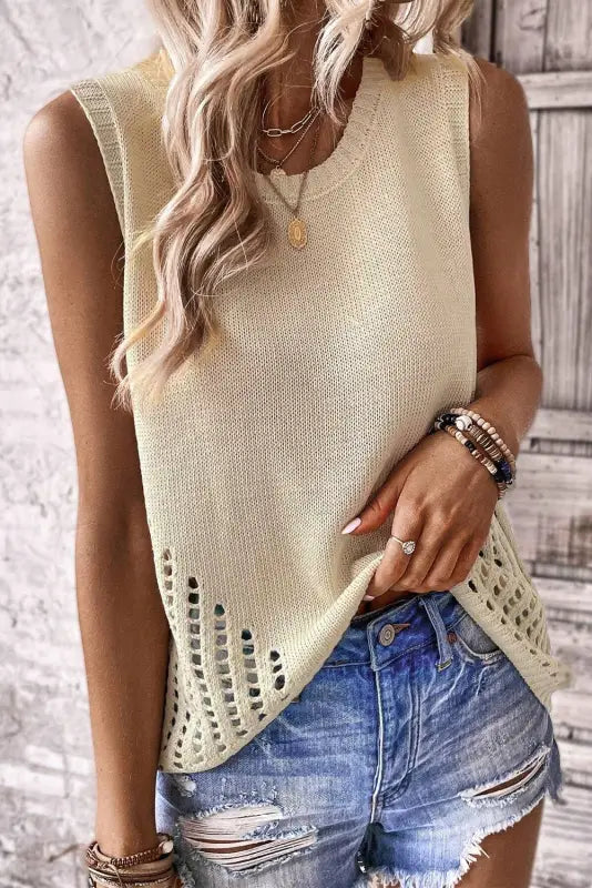 Beige pointelle detail solid color knit sweater vest - tank tops