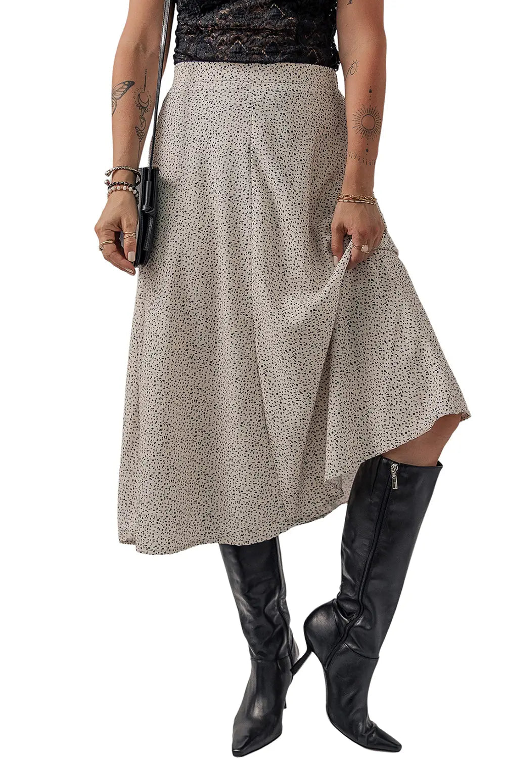 Beige printed abstract print a - line high waist midi skirt - skirts