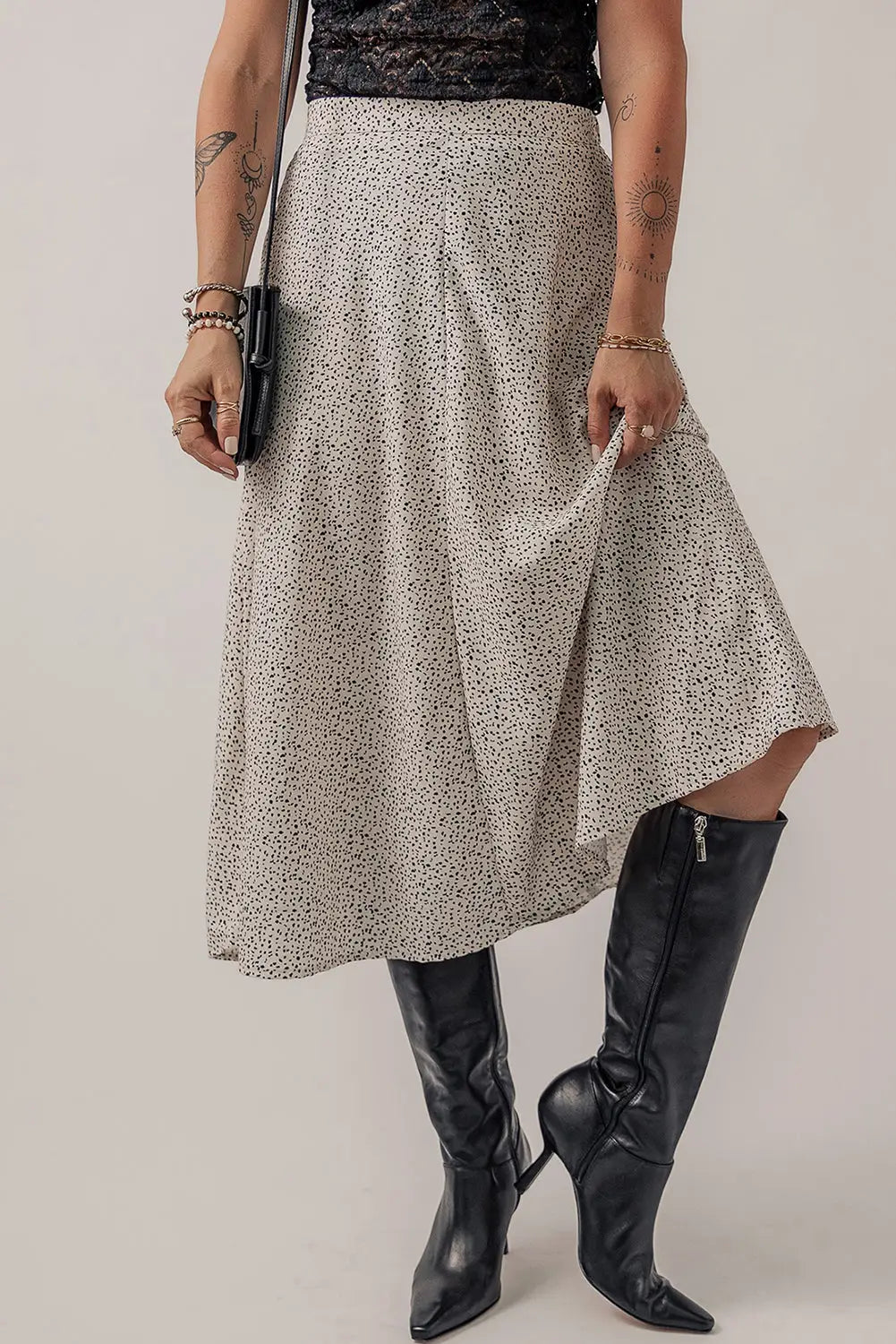 Beige printed abstract print a-line high waist midi skirt -