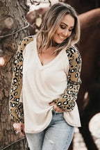 Beige Printed Plus Size Waffle Knit Contrast Leopard Long Sleeve Top - Fashionfitz