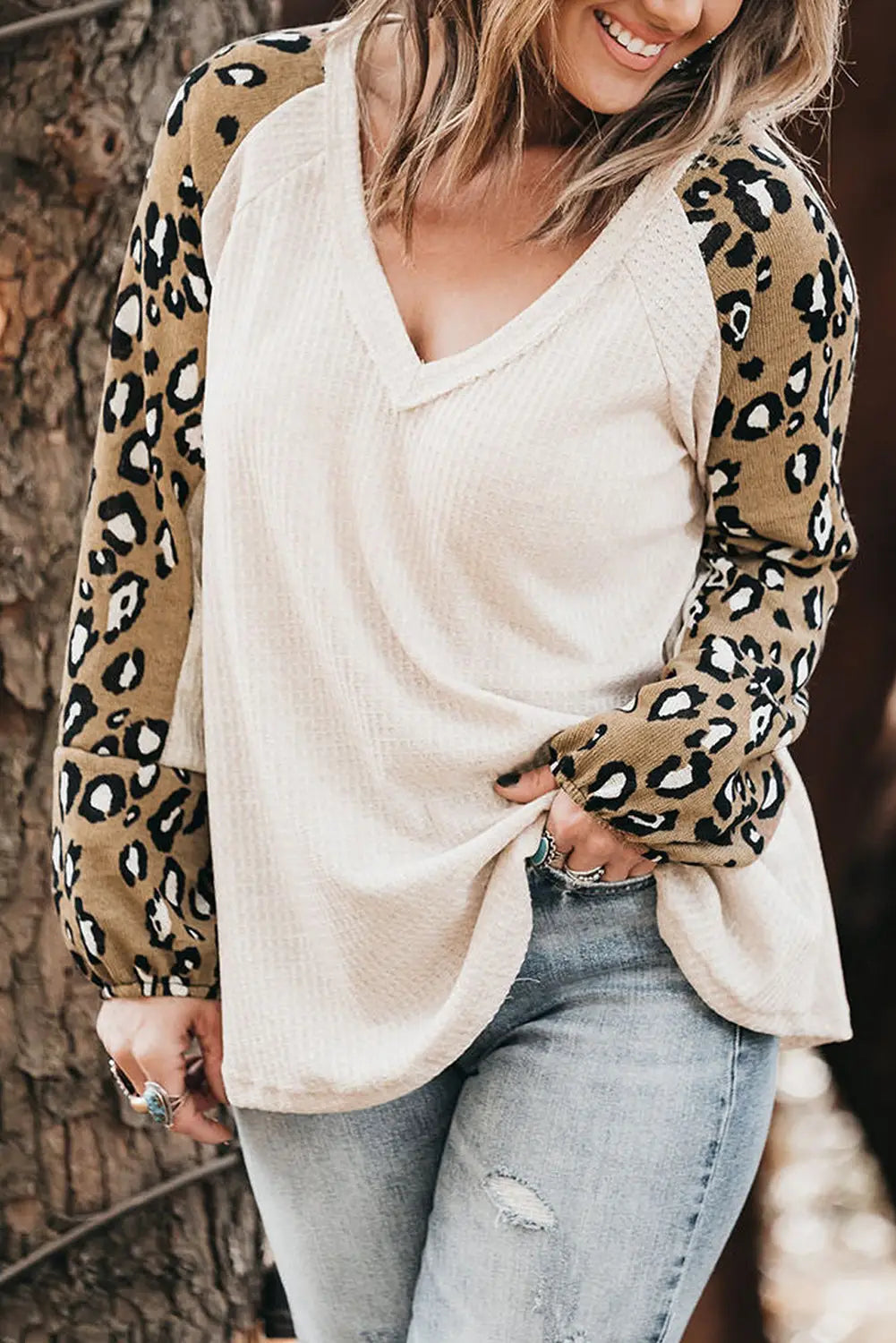 Beige printed plus size waffle knit contrast leopard long sleeve top - 1x / 100% polyester