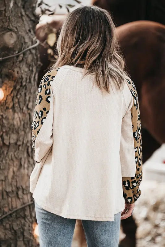 Beige printed plus size waffle knit contrast leopard long sleeve top