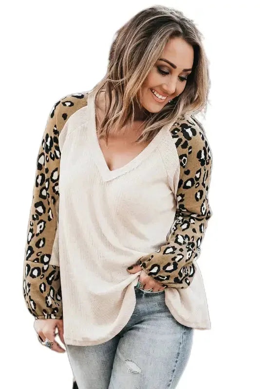 Beige Printed Plus Size Waffle Knit Contrast Leopard Long Sleeve Top - Fashionfitz