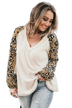 Beige Printed Plus Size Waffle Knit Contrast Leopard Long Sleeve Top - Fashionfitz