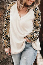Beige Printed Plus Size Waffle Knit Contrast Leopard Long Sleeve Top - Fashionfitz