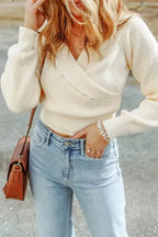 Beige Ribbed Surplice Crop Sweater - Fashionfitz
