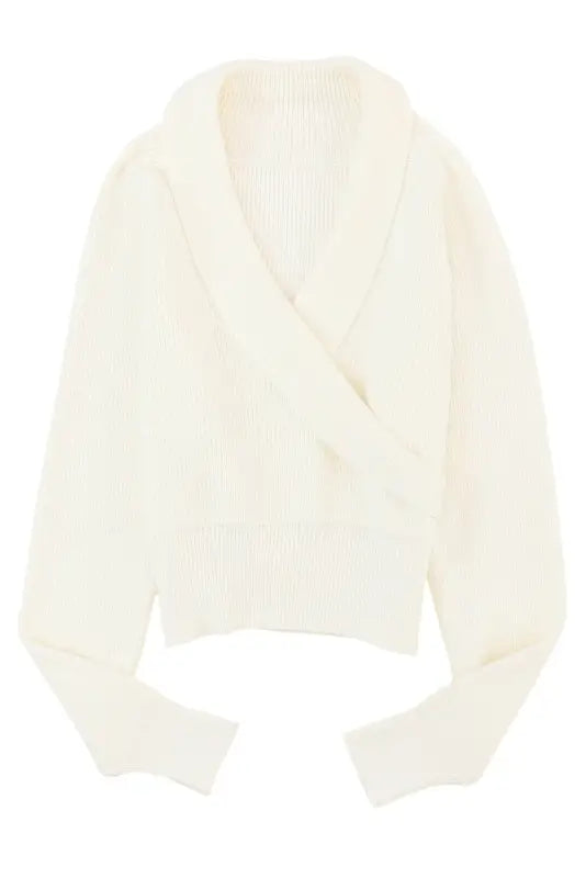 Beige ribbed long sleeve surplice crop sweater - sweaters & cardigans