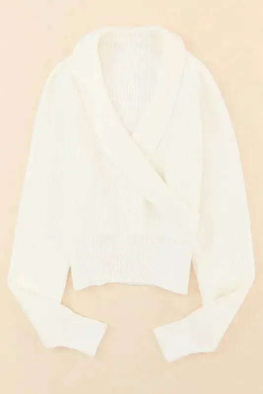 Beige Ribbed Surplice Crop Sweater - Fashionfitz