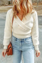 Beige Ribbed Surplice Crop Sweater - Fashionfitz