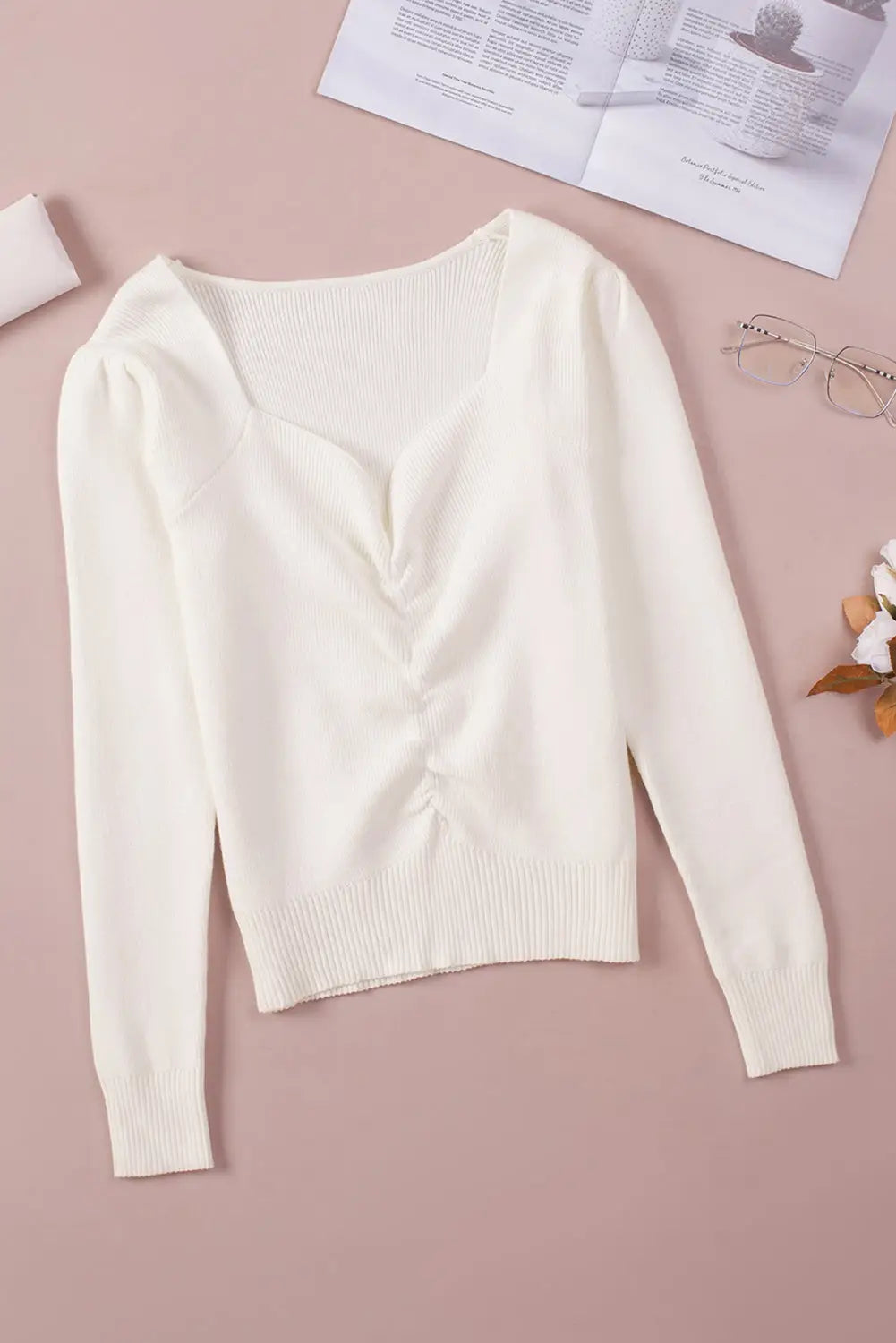Beige ruched sweetheart neckline rib knit sweater - tops