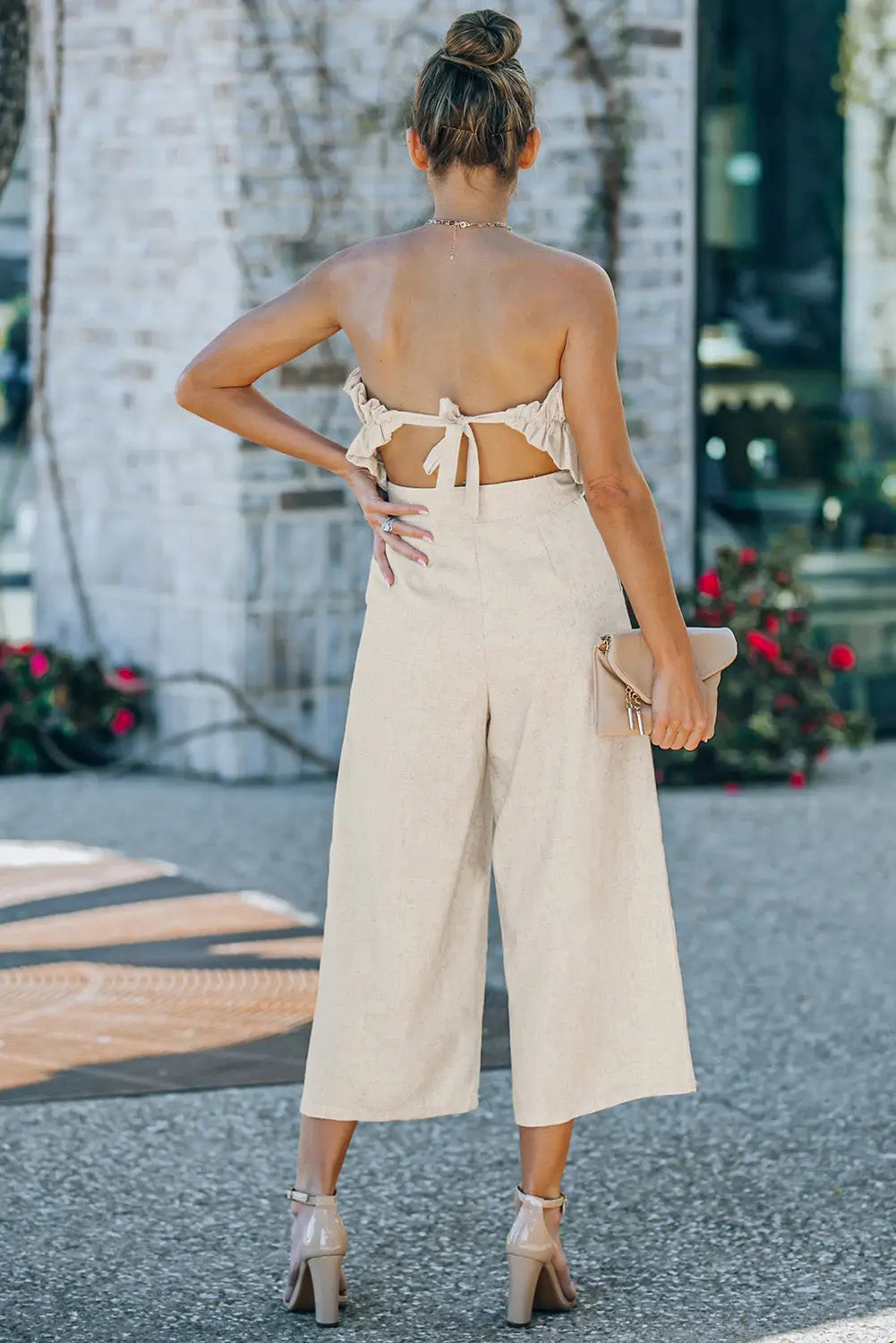 Beige ruffled strapless wide leg jumpsuit - jumpsuits & rompers