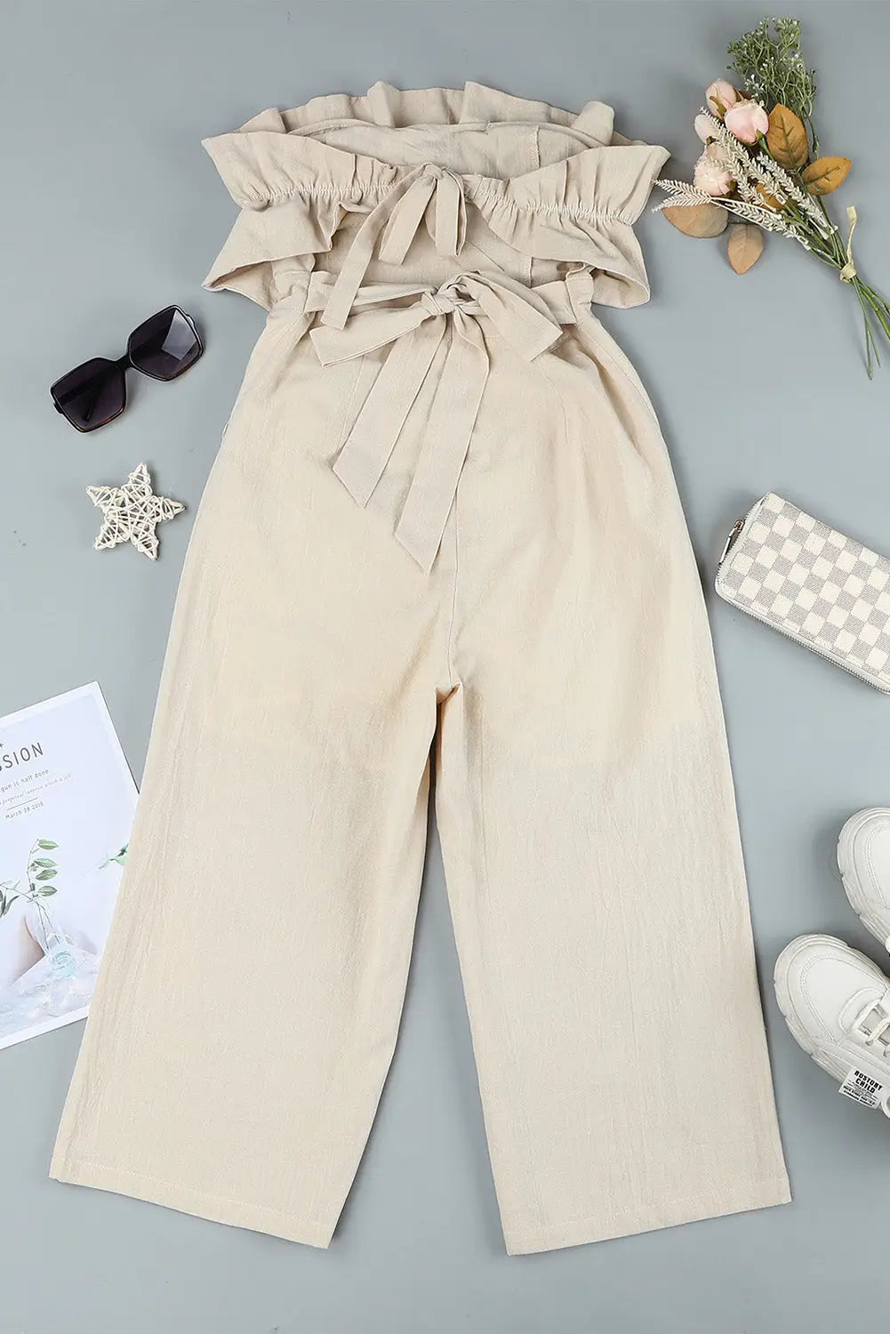 Beige ruffled strapless wide leg jumpsuit - jumpsuits & rompers
