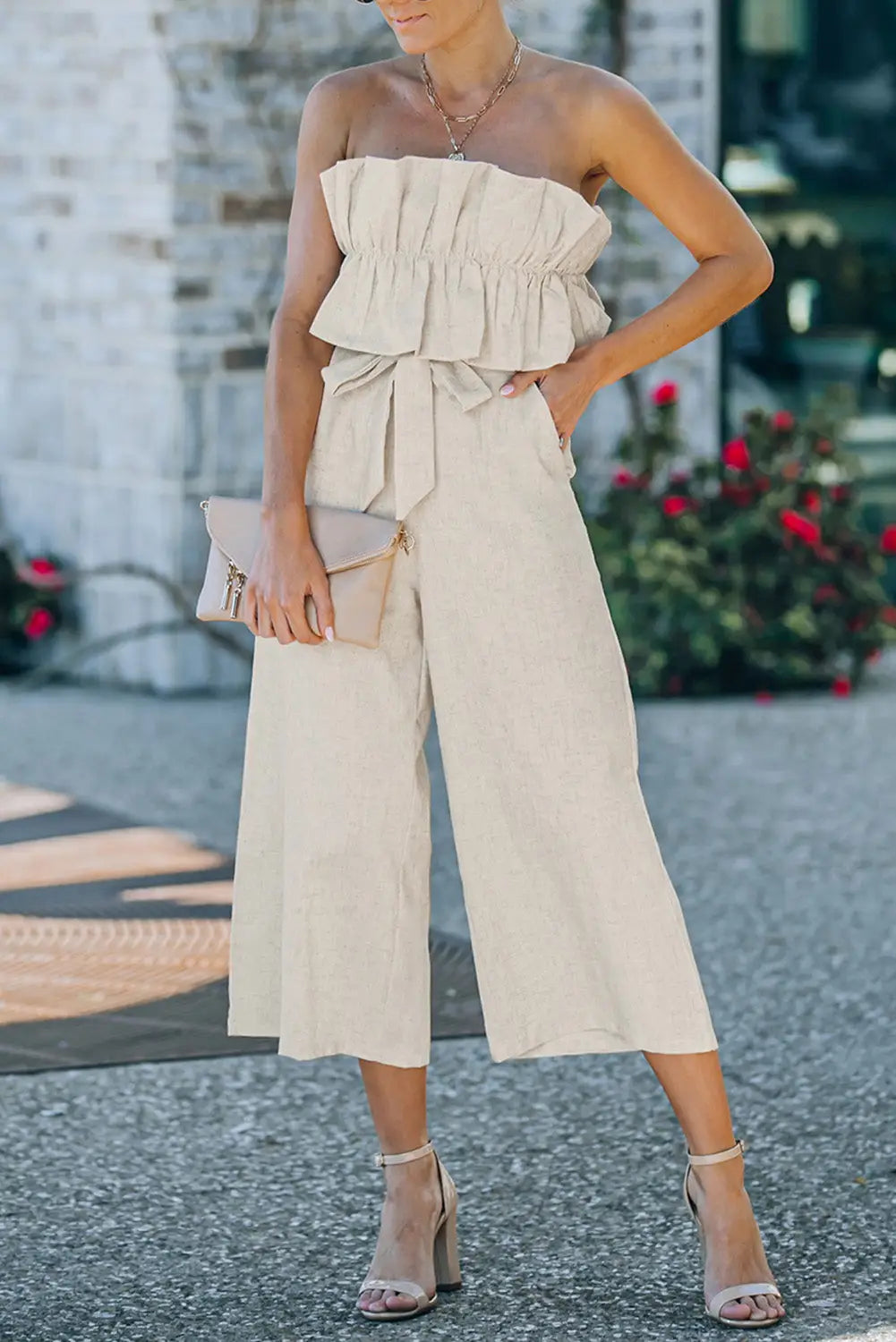 Beige ruffled strapless wide leg jumpsuit - s 100% cotton jumpsuits & rompers