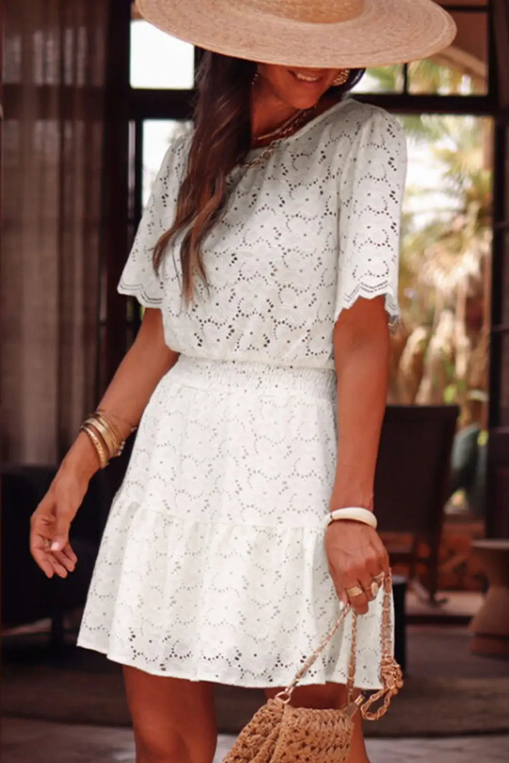 Beige scalloped floral lace crochet short sleeve mini dress - dresses