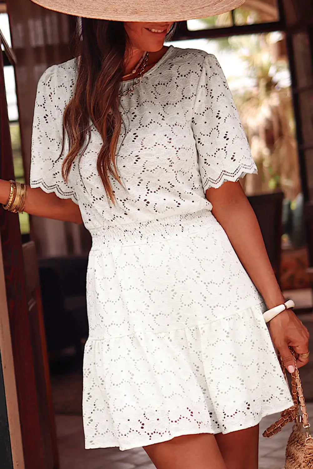 Beige scalloped floral lace crochet short sleeve mini dress - dresses
