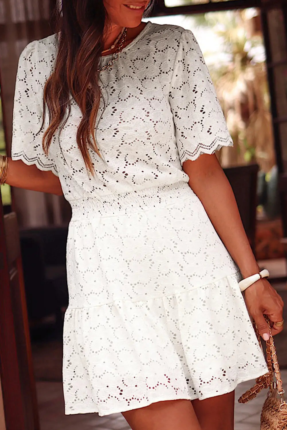 Beige scalloped floral lace crochet short sleeve mini dress - l 65% cotton + 35% polyamide dresses