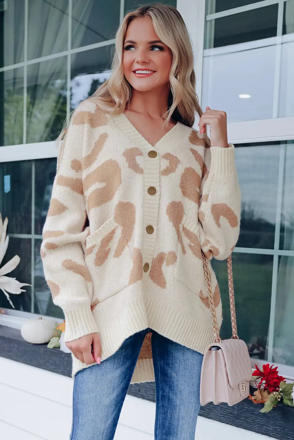 Beige slouchy leopard v neck buttoned cardigan - tops