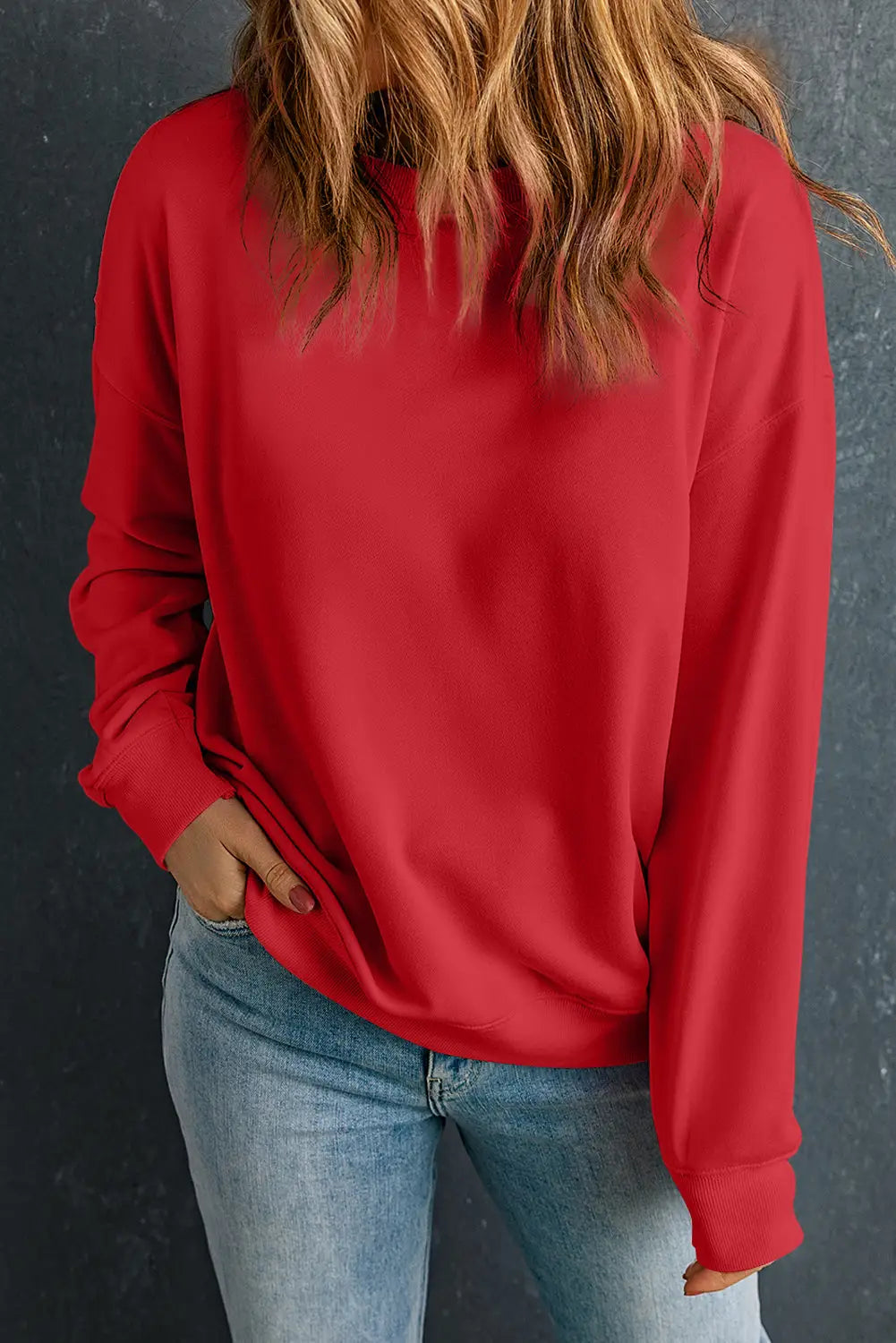 Beige solid classic crewneck pullover sweatshirt - red / s 50% polyester + 50% cotton sweatshirts & hoodies