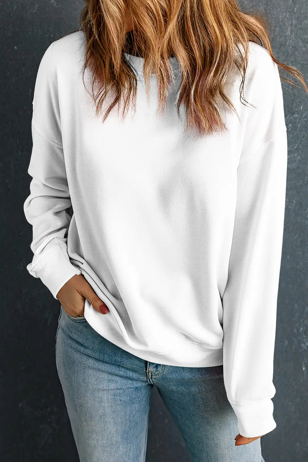Beige solid classic crewneck pullover sweatshirt - s 50% polyester + 50% cotton sweatshirts & hoodies