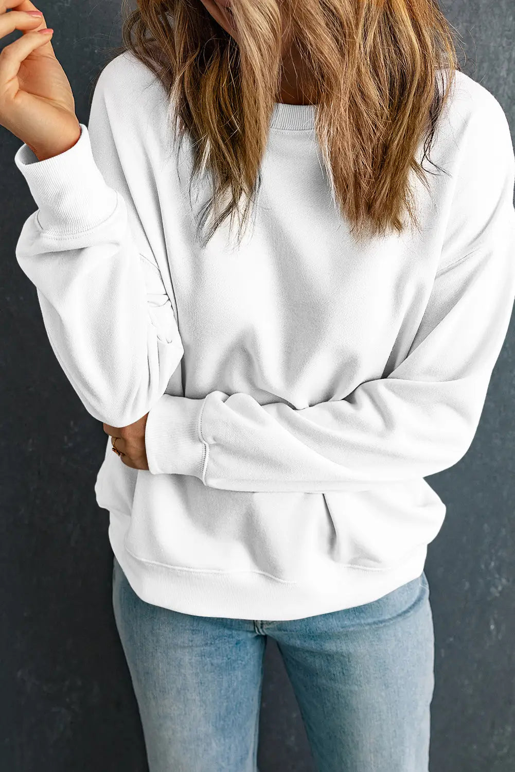 Beige solid classic crewneck pullover sweatshirt - sweatshirts & hoodies