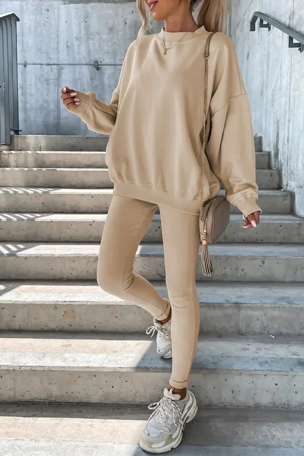 Beige solid sweatshirt and leggings two piece set - l / 50% polyester + 50% cotton - pants sets