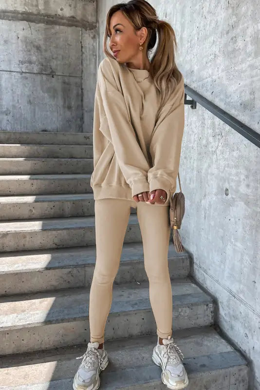 Beige solid sweatshirt and leggings two piece set