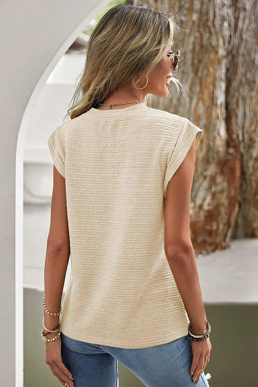 Beige solid textured batwing sleeve crew neck t shirt - t - shirts