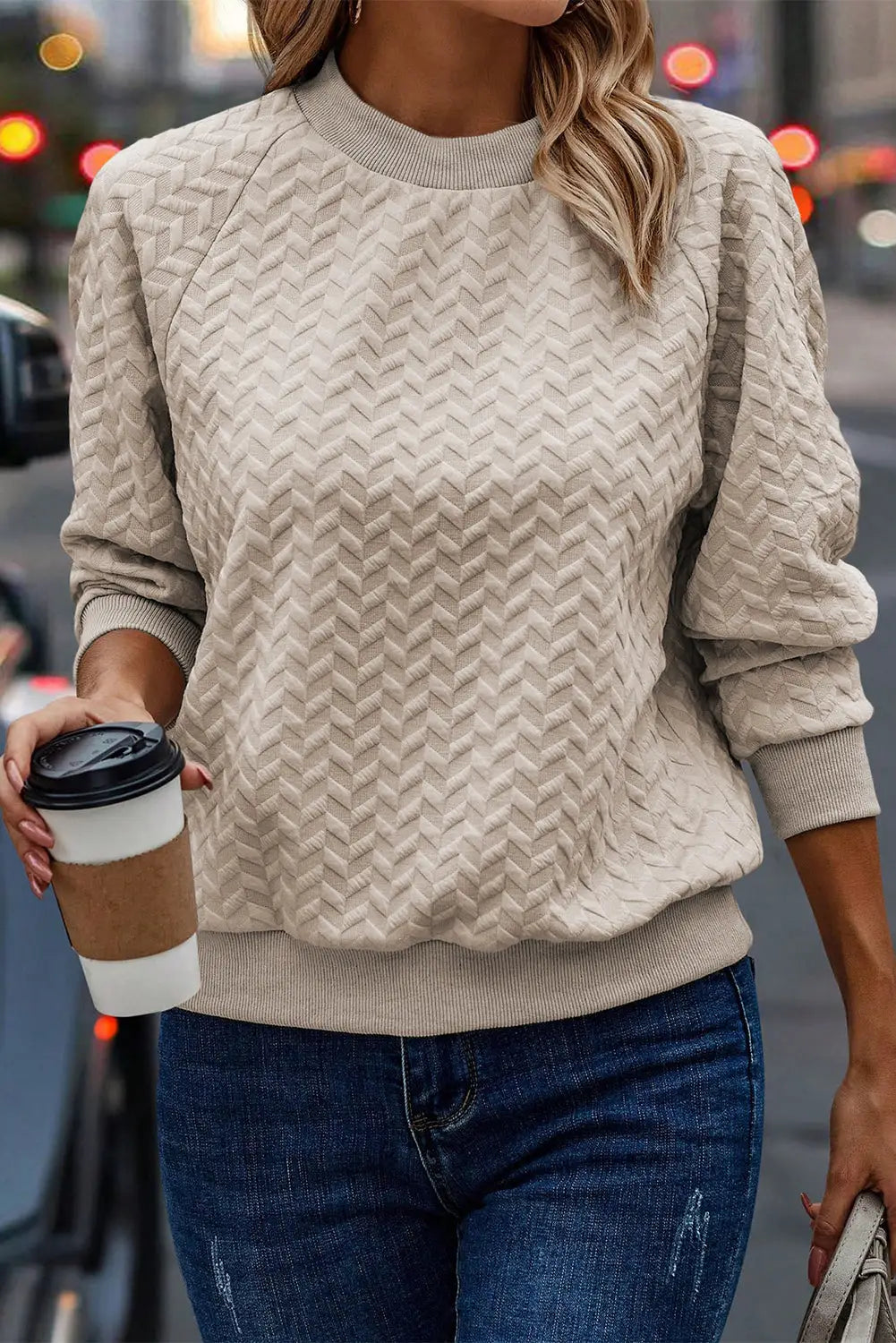Beige solid textured raglan sleeve pullover sweatshirt - s 95% polyester + 5% elastane sweatshirts & hoodies