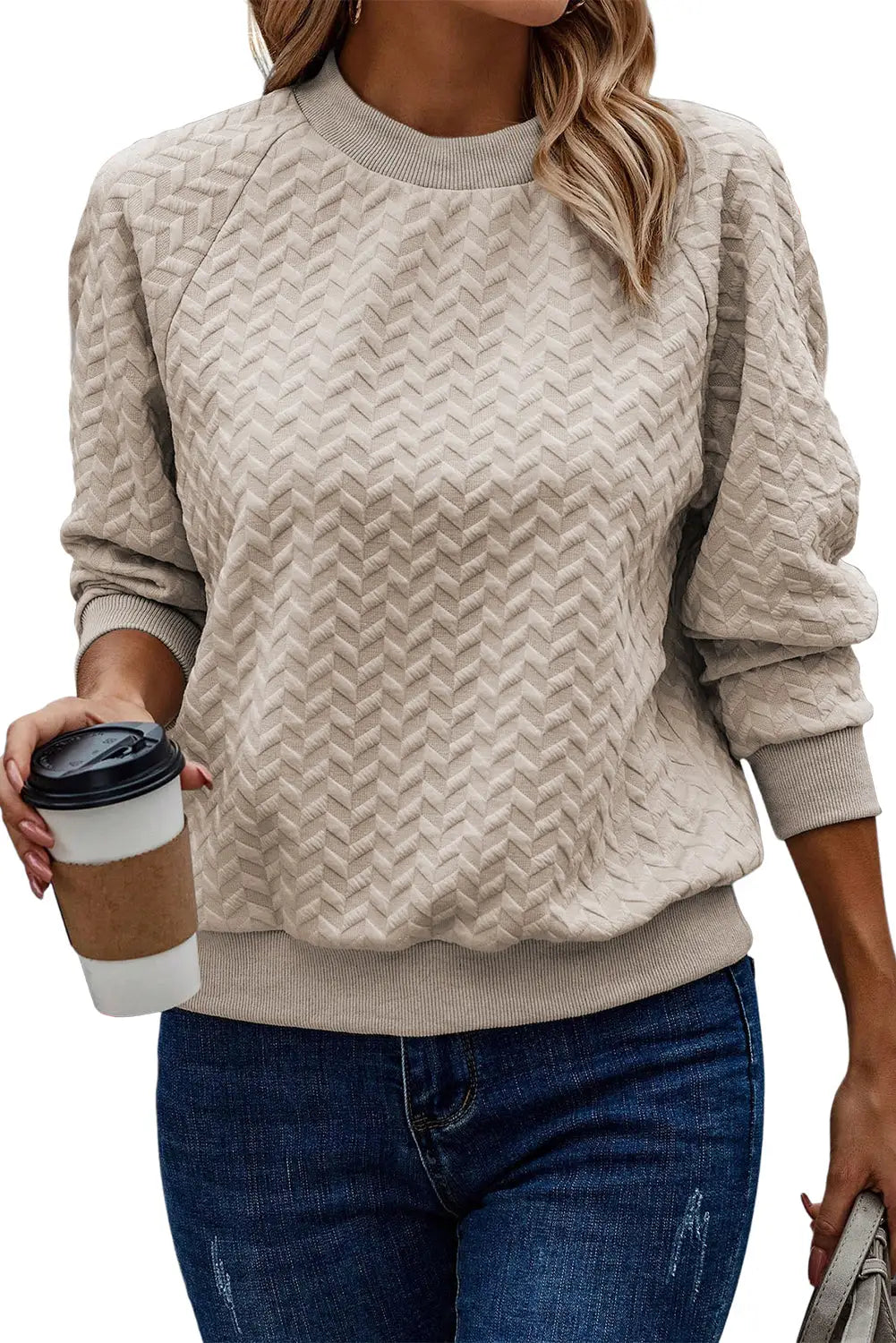 Beige solid textured raglan sleeve pullover sweatshirt - sweatshirts & hoodies
