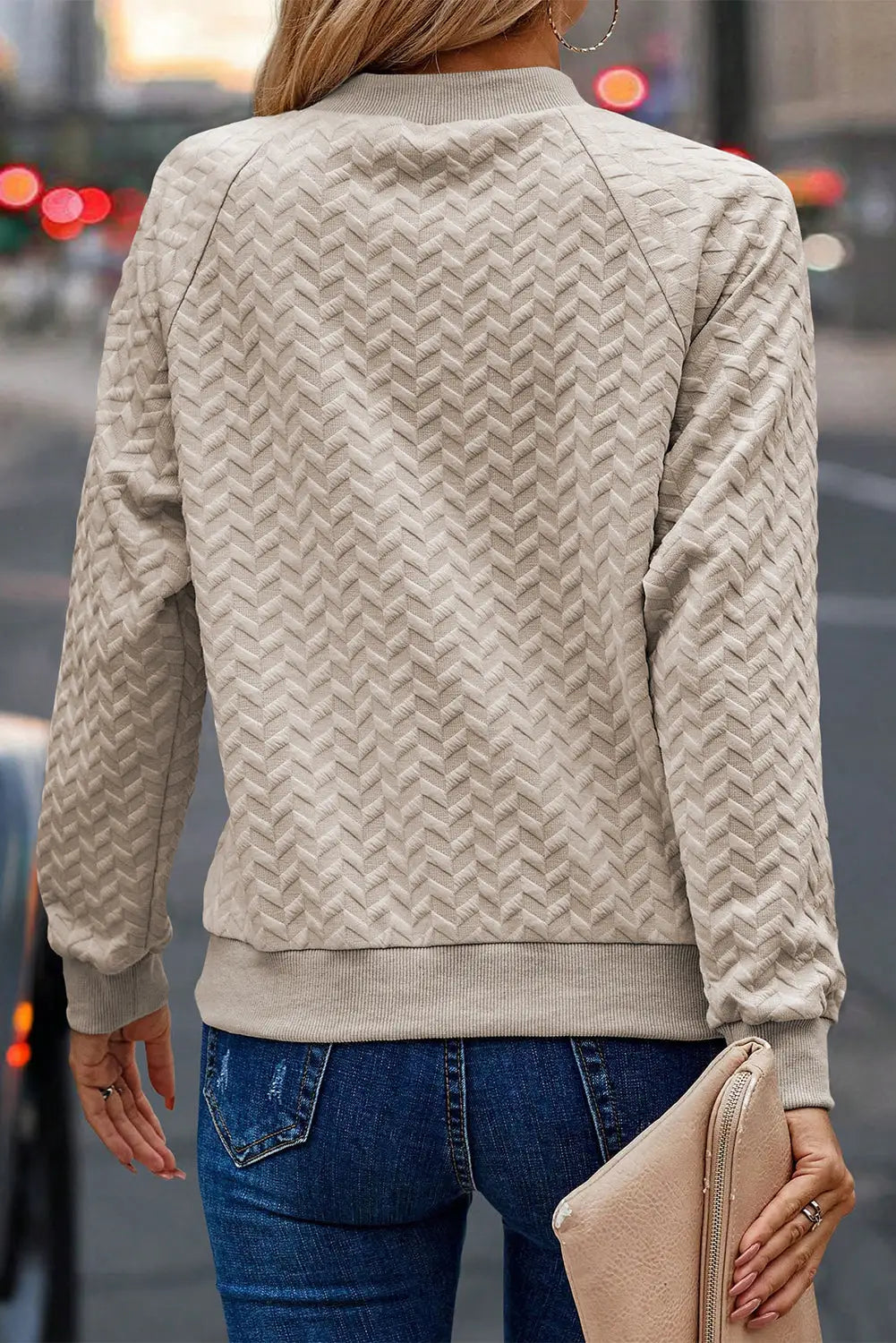 Beige solid textured raglan sleeve pullover sweatshirt - sweatshirts & hoodies