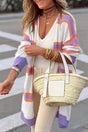 Woman wearing beige striped ribbed trim button cardigan front view Fashionfitz UK