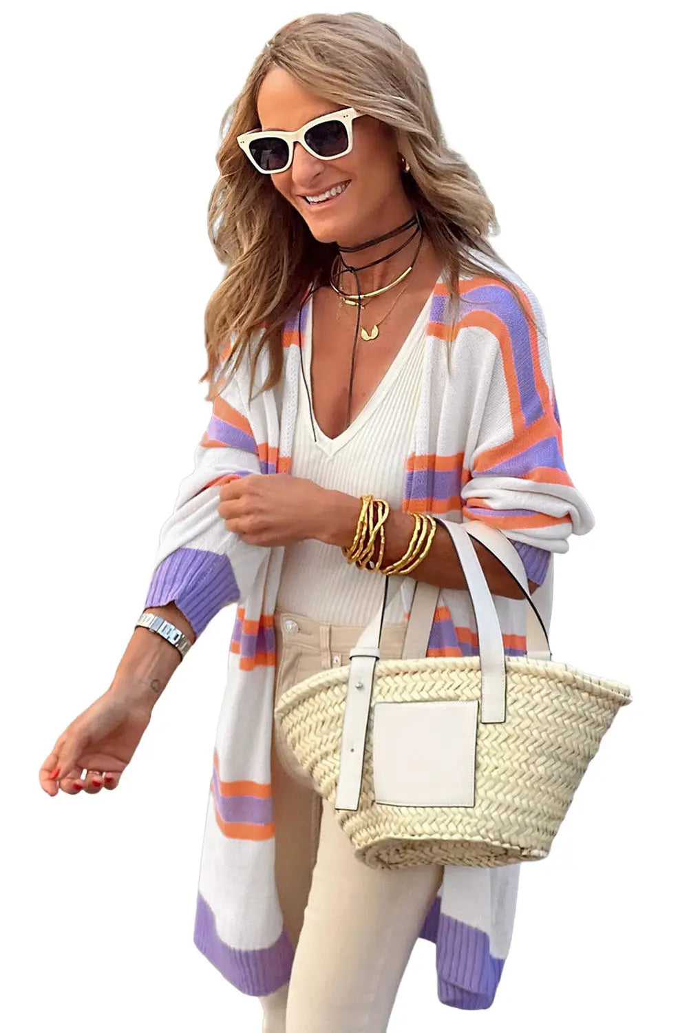 Beige striped long sleeve ribbed trim button cardigan - sweaters & cardigans