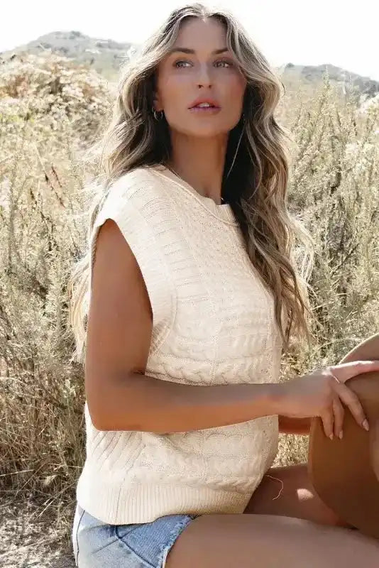 Beige Sweater Tank Top - Cable Knit Dolman Armholes - Fashionfitz