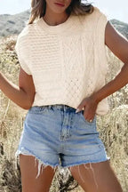 Beige Sweater Tank Top - Cable Knit Dolman Armholes - Fashionfitz