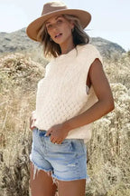 Beige Sweater Tank Top - Cable Knit Dolman Armholes - Fashionfitz