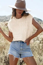 Beige Sweater Tank Top - Cable Knit Dolman Armholes - Fashionfitz