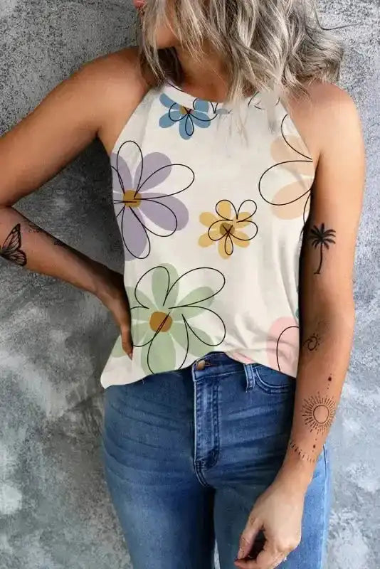 Beige Sweet Floral Tank Top - Fashionfitz