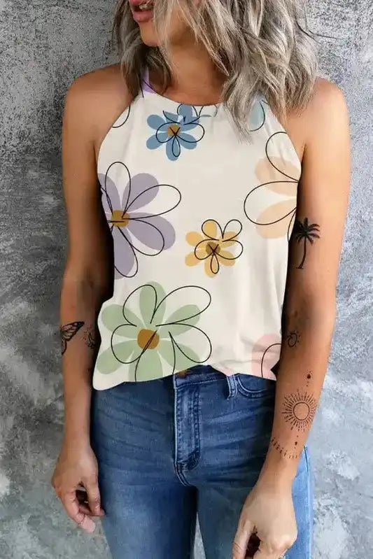 Beige Sweet Floral Tank Top - Fashionfitz