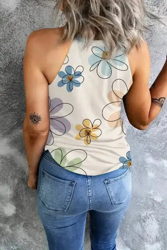 Beige Sweet Floral Tank Top - Fashionfitz