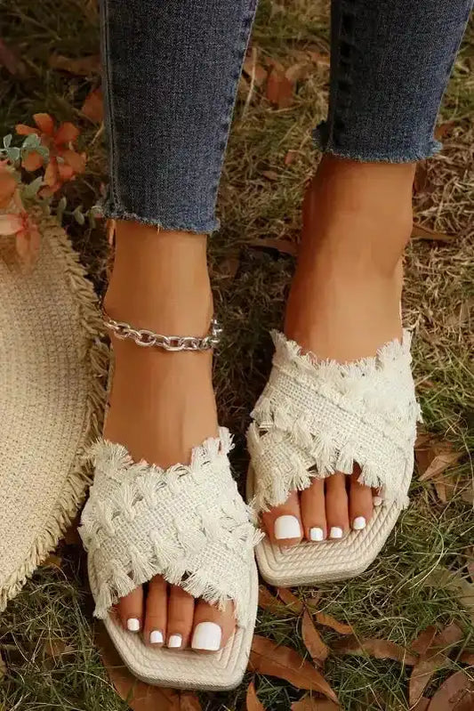 Beige Tassel Woven Crossed Straps Flat Slippers - Fashionfitz