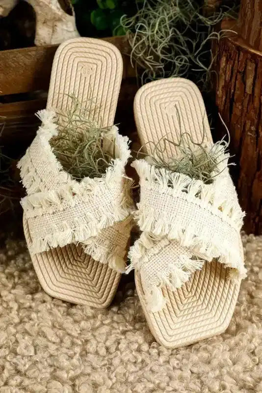Beige Tassel Woven Crossed Straps Flat Slippers - Fashionfitz