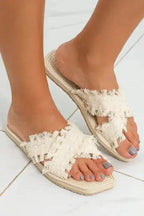 Beige Tassel Woven Crossed Straps Flat Slippers - Fashionfitz