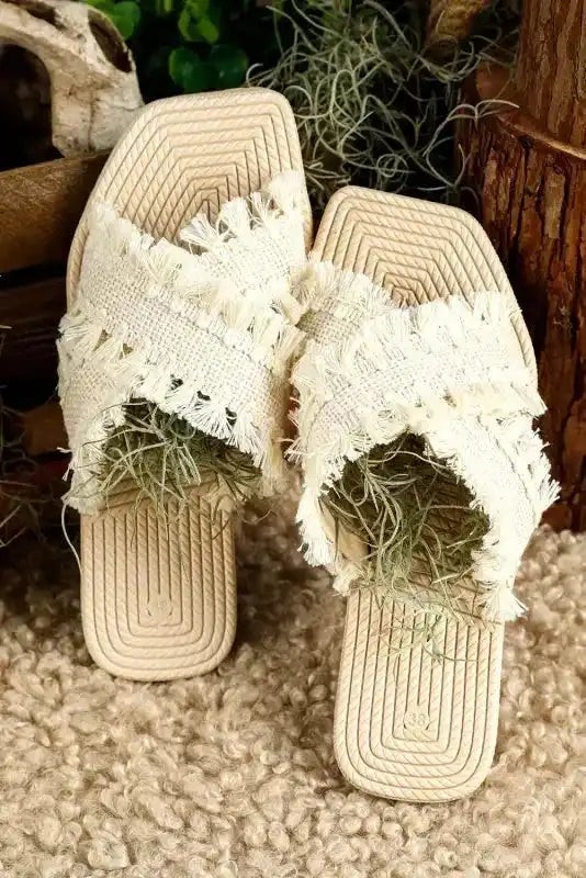 Beige Tassel Woven Crossed Straps Flat Slippers - Fashionfitz