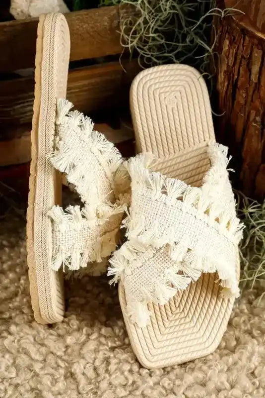 Beige Tassel Woven Crossed Straps Flat Slippers - Fashionfitz