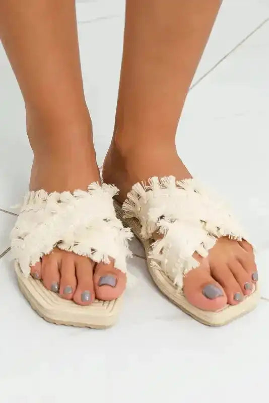 Beige Tassel Woven Crossed Straps Flat Slippers - Fashionfitz