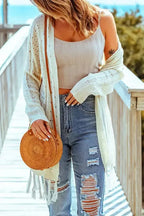 Beige Tasseled Hollow-out Cable Knit Cardigan - Fashionfitz
