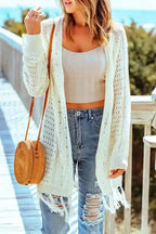 Beige Tasseled Hollow-out Cable Knit Cardigan - Fashionfitz