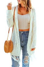 Beige Tasseled Hollow-out Cable Knit Cardigan - Fashionfitz