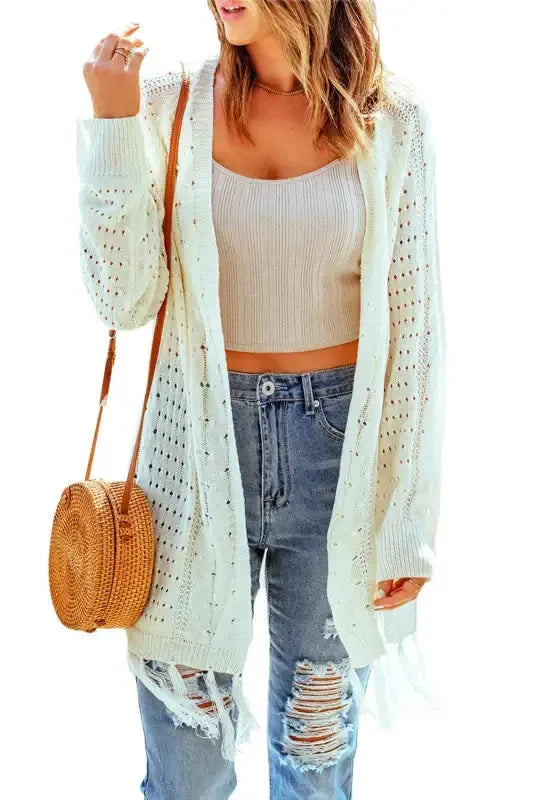 Beige Tasseled Hollow-out Cable Knit Cardigan - Fashionfitz